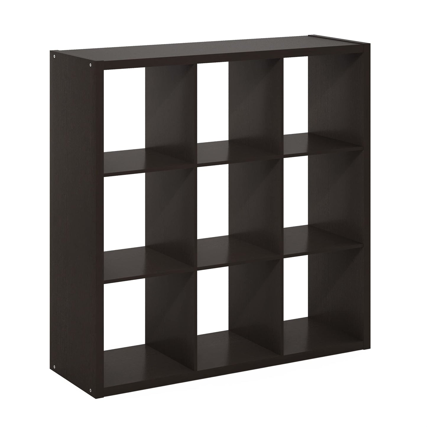 Furinno CUBICLE Book Shelf, 9-Cube Bookshelf, Extra Thick Frame Reversible Bookcase with Open Back, 14.6" x 44" x 44", for Living Room, Bedroom, Home Office, Black Dark Oak