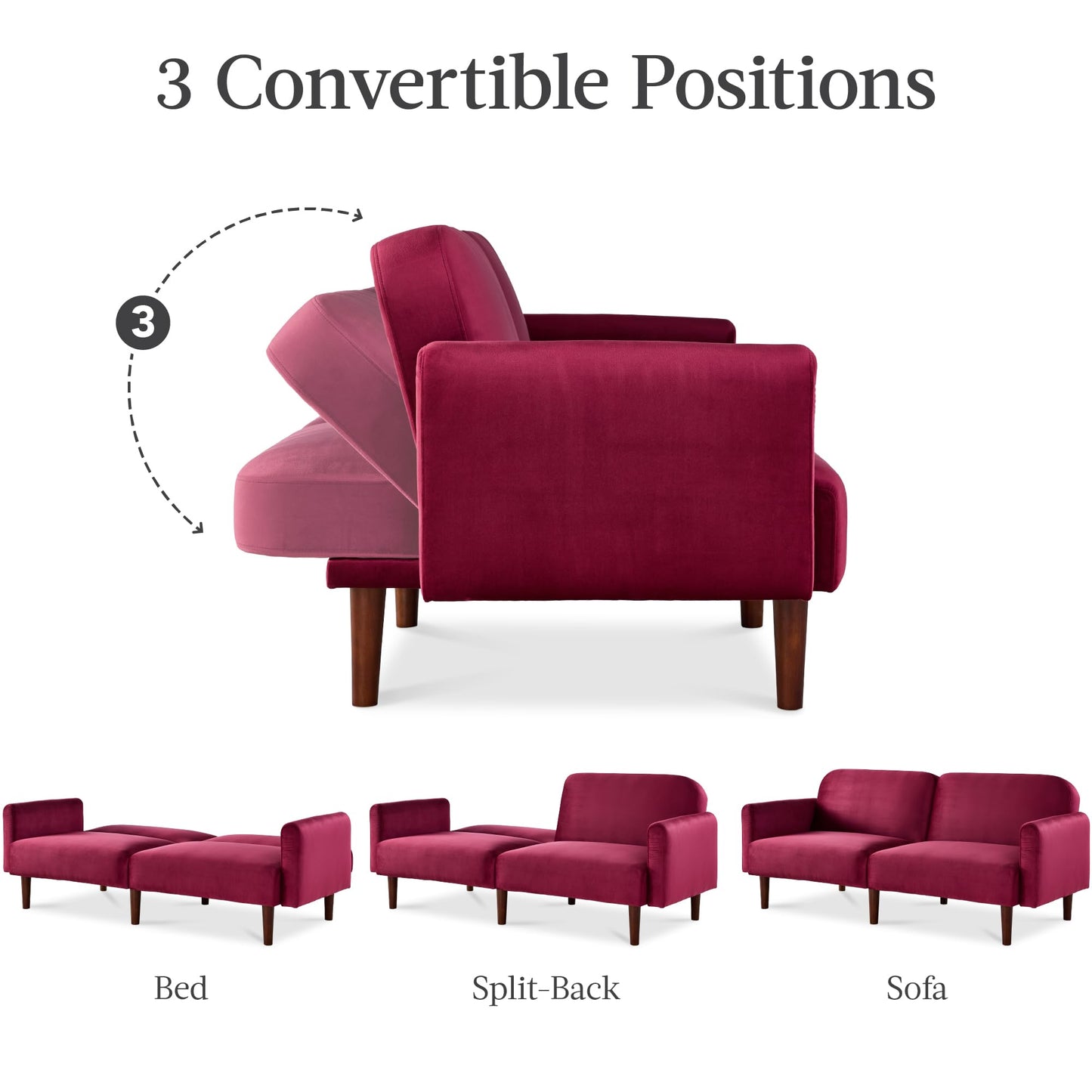 Best Choice Products 77" Mid Century Modern Velvet Loveseat Sofa, Couch, Convertible Sofa Sleeper Bed w/Real Wood, Removable Armrest - Raspberry