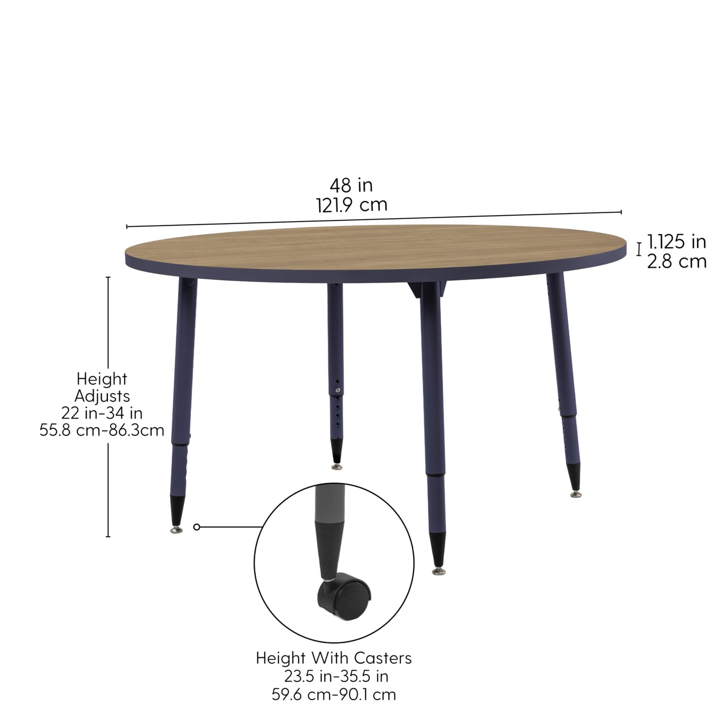 Adapte Commercial Classroom Activity Table - 48" Round, ADA Compliant Tapered Legs with Glides & Casters, Adjustable Height 22-34" Wheelchair Accessible, School & Office Furniture