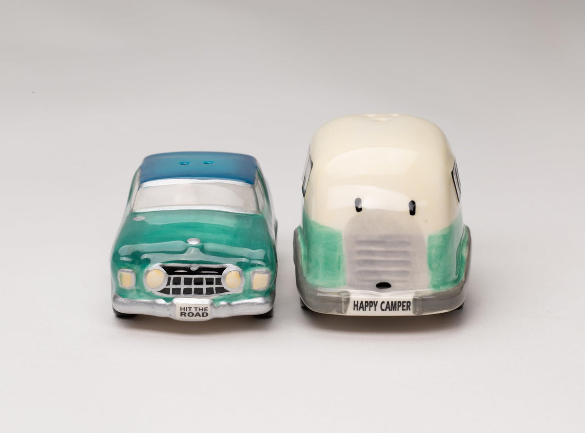 Fine Ceramic Happy Camper Car with Camping Trailer Salt and Pepper Shakers Set