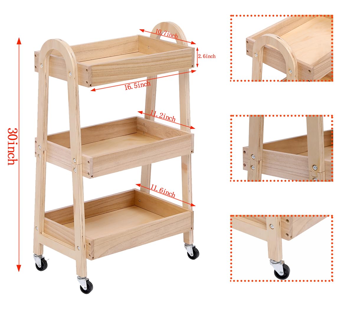 3-Tier Wooden Rolling Cart- Wooden Utility Cart wit Wheels- Utility Rolling Cart-Storage Trolley Organizer- Rolling Kitchen Cart Serving Cart for Office,Kitchen, Kids' Room (natural wood color)