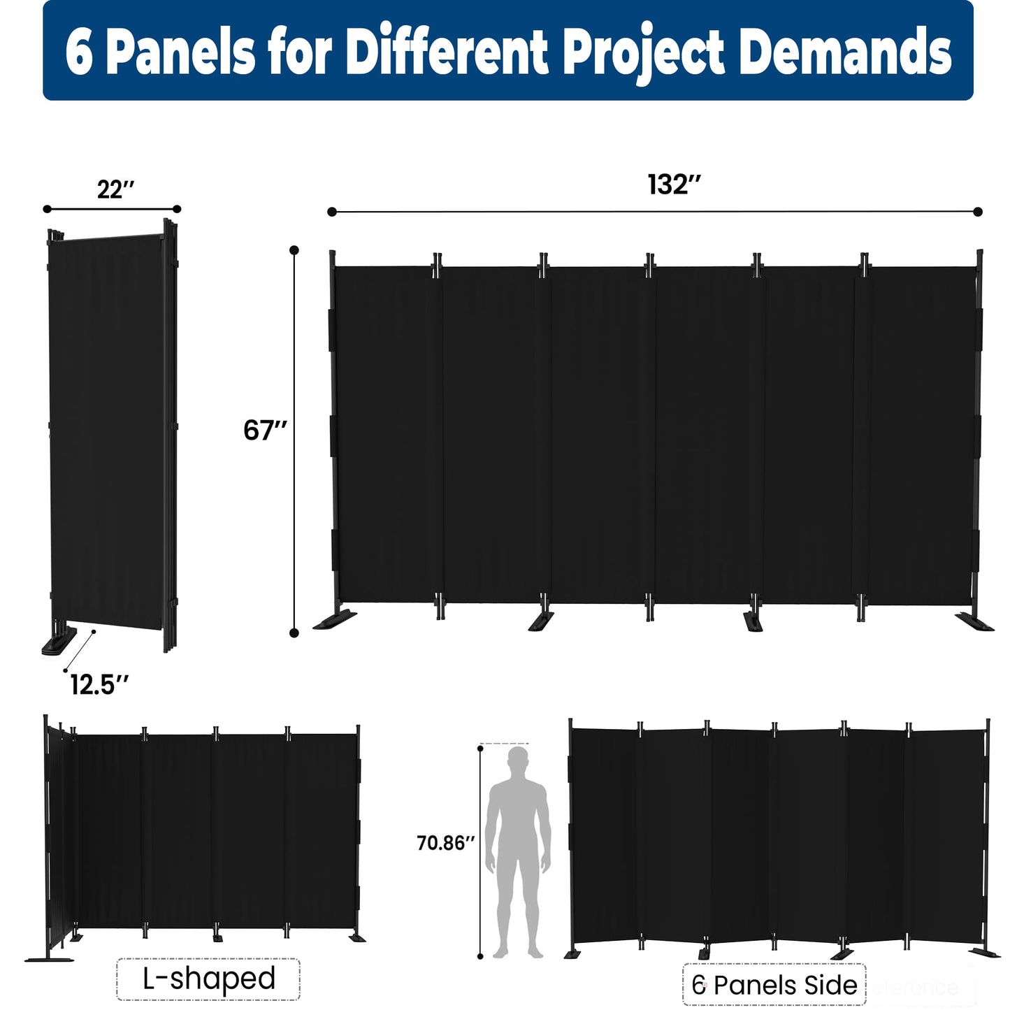 Phonjoroo Room Divider, 6 Panel Upgraded Folding Privacy Screen, 132” Highly Secretive Separation with 4 Metal Feet, Partition Screen, Lightweight Freestanding Wall Divider Bedroom (Black)
