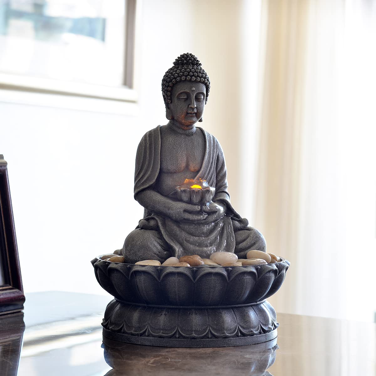 GOSSI 11.2 Inch Tall Indoor Tabletop Buddha Fountain with Reflective Lighting and Cobblestone Base, Zen Desk Water Fountain for Office and Home Decor