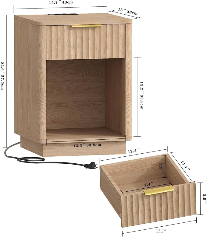 Akxomel Fluted Nightstands Set of 2, Wooden Night Stand