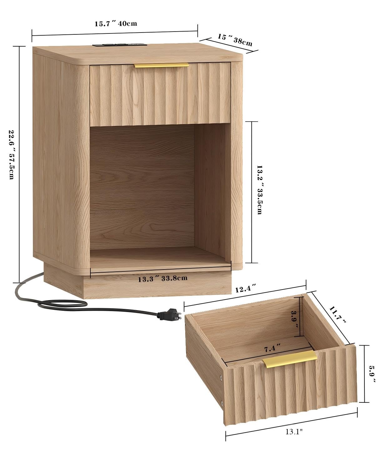 Akxomel Fluted Nightstand, Wooden Night Stand with Charging Station and LED Light, Modern Mid Century End Table with Drawer, 15" D x 15.7" W x 22.6" H, for Bedroom, Natural Oak