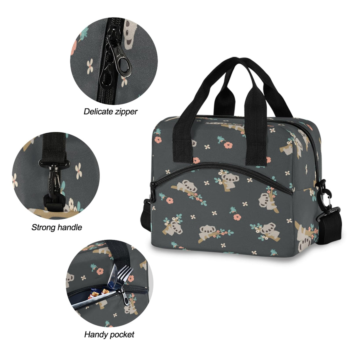 OREZI Kids Lunch Bag Girls Boys Children Student Women School Work Travel,Insulated Lunch Box Lunch Organizer Cooler Bento Bags with Adjustable Strap(Cute Floral Koala)