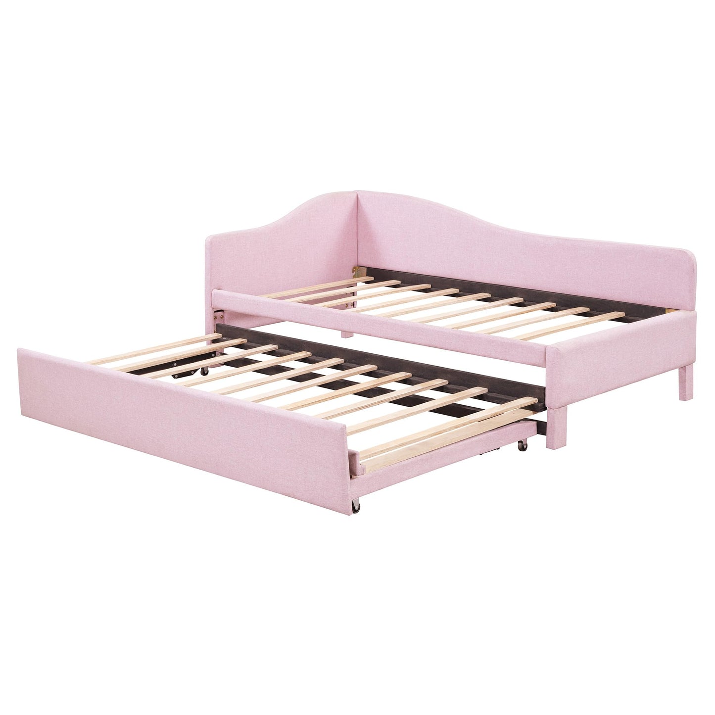 KOYVRY Day Bed with Pop Up Trundle Bed Twin - Upholstered Daybed with L-Shaped Guardrail, Wooden Slats and Wheels, Daybed Couch for Guest Room, No Box Spring Required (Pink)