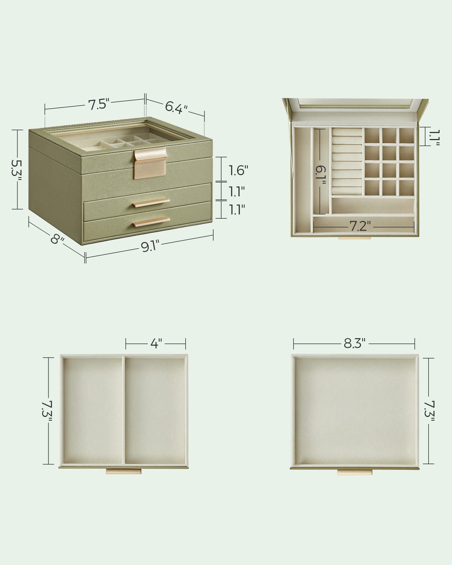 SONGMICS GISELLA Collection - Jewelry Box Organizer, 3-Layer Jewelry Storage with 2 Drawers, Shiny Metal Hardware, Glass Lid, Modern, 8 x 9.1 x 5.3 Inches, Avocado Green and Gold Color UJBC239C02