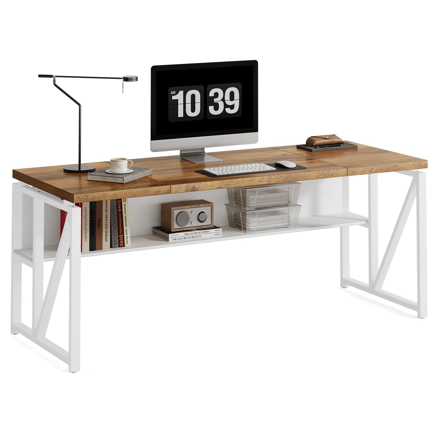 LITTLE TREE 63-Inch Executive Office Desk, Large Computer Desk with Storage Shelf, Executive Desk with Metal Frame, Thickened Desktop, Study Writing Desk Work Station for Home Office, Rustic + White