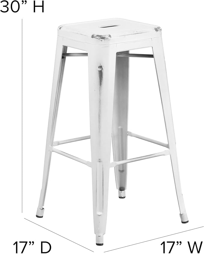 Flash Furniture Kai Commercial Grade 30" High Backless Distressed White Metal
