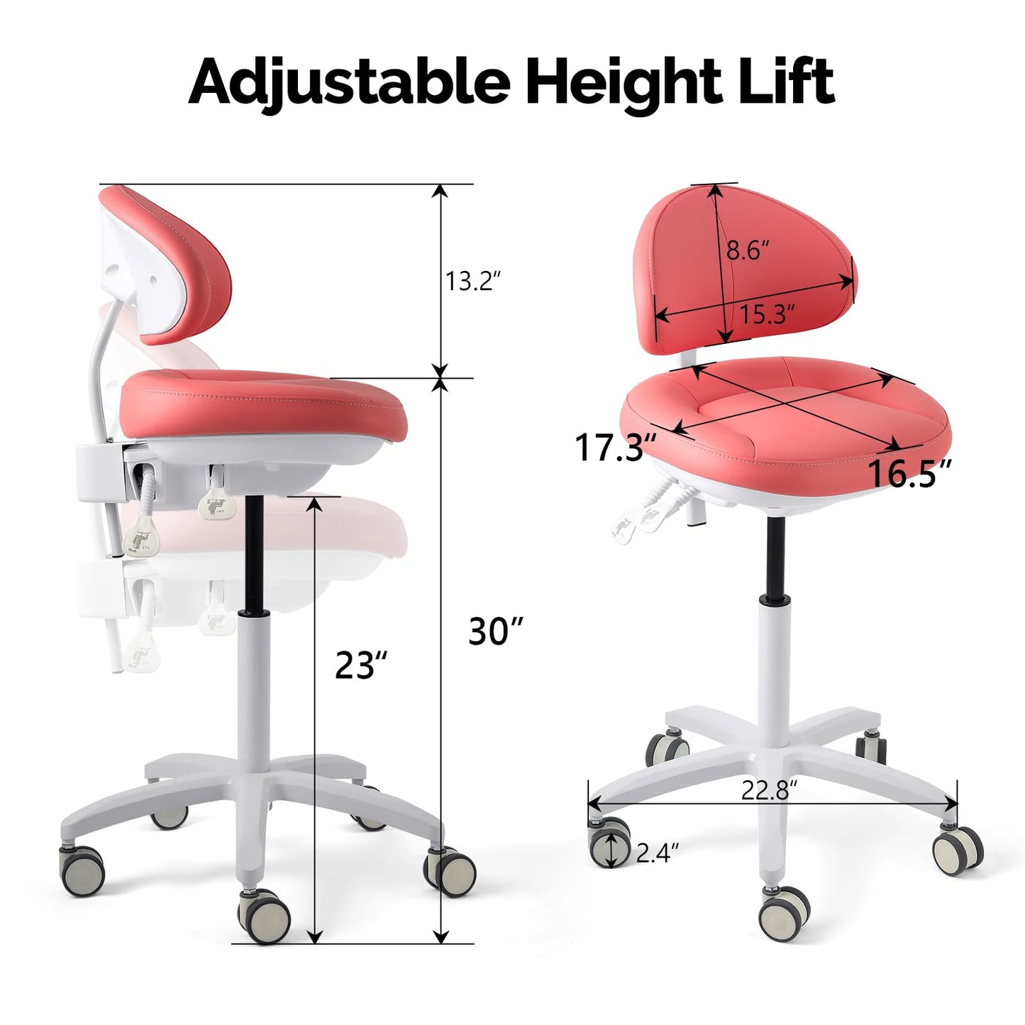 JMU Dental Stool, Adjustable Height Rolling Stool with Backrest, 350lbs Load Capacity Microfiber Leather, for Medical Clinic Lab Tattoo Salon, Pink