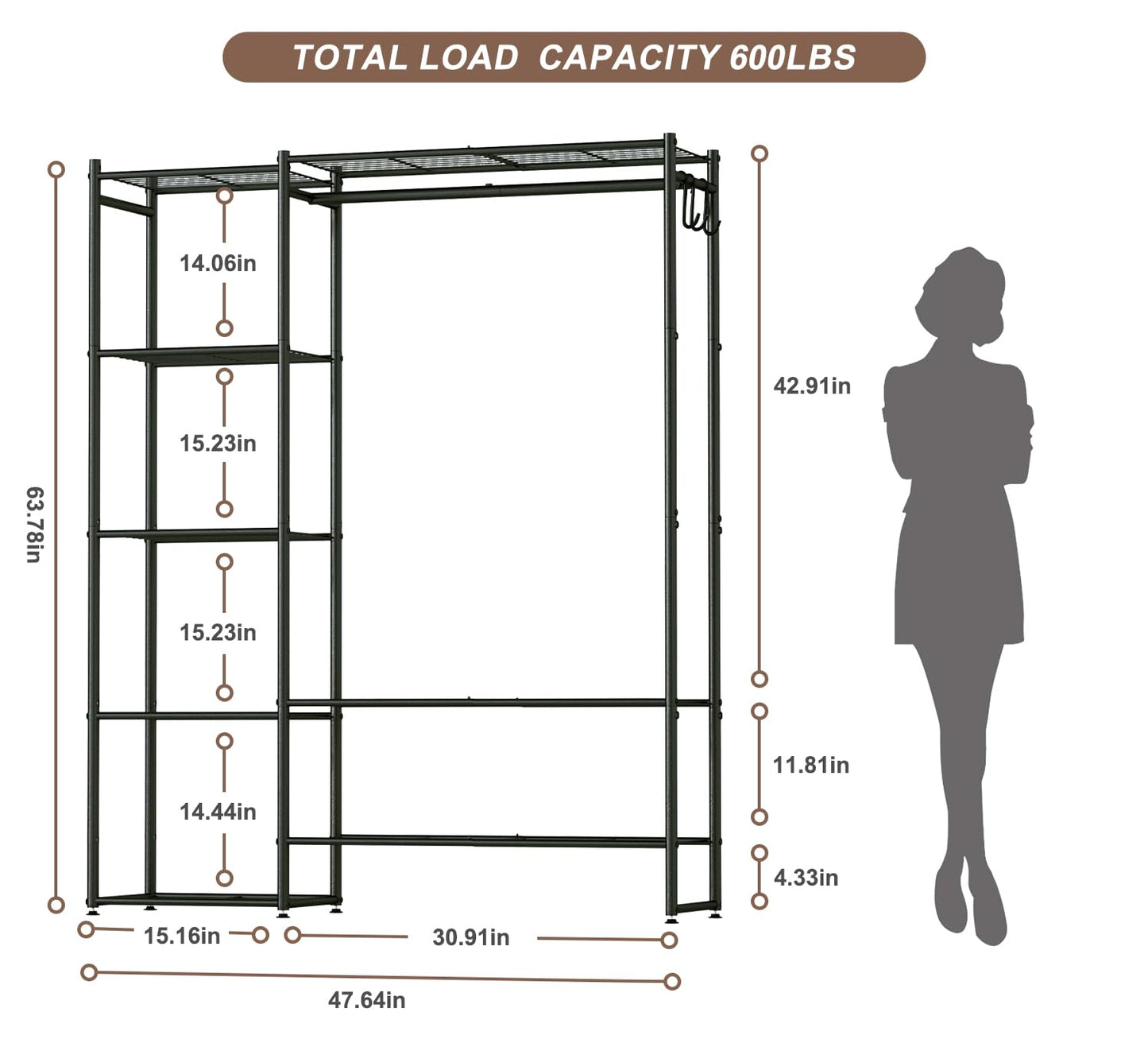 Neprock Wardrobe Closet, Portable Clothing Rack for Hanging Clothes, Free Standing Closet Organizers and Storage System with 4 Tiers Shelves for Cloakroom Bedroom,Black