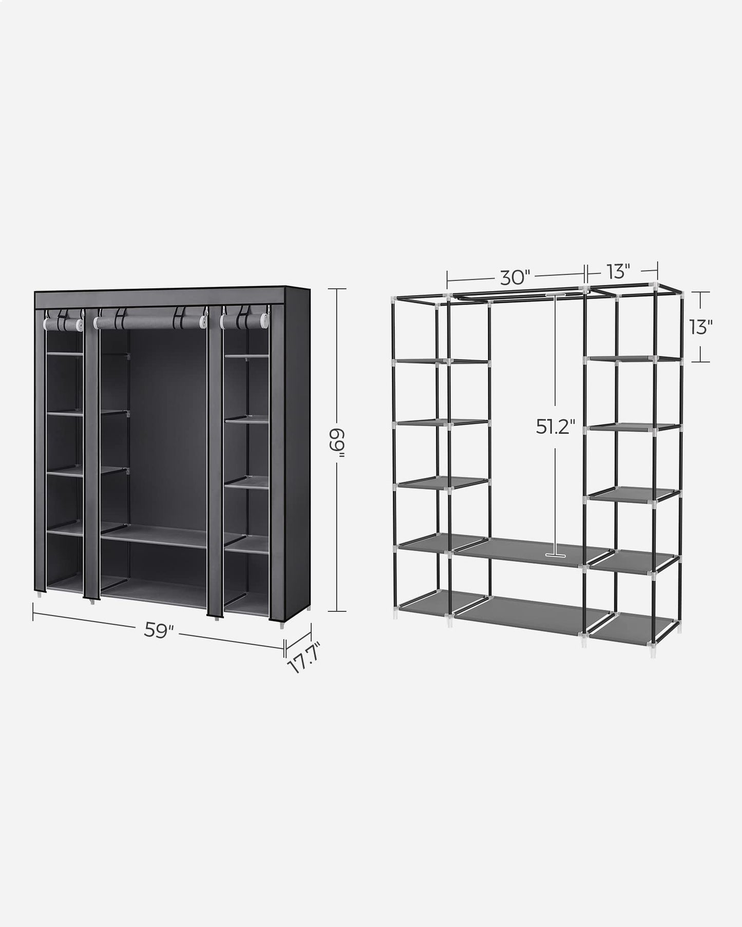SONGMICS Closet Wardrobe, Portable Closet for Bedroom, Clothes Rail with Non-Woven Fabric Cover, Clothes Storage Organizer, 59 x 17.7 x 69 Inches, 12 Compartments, Gray ULSF03G