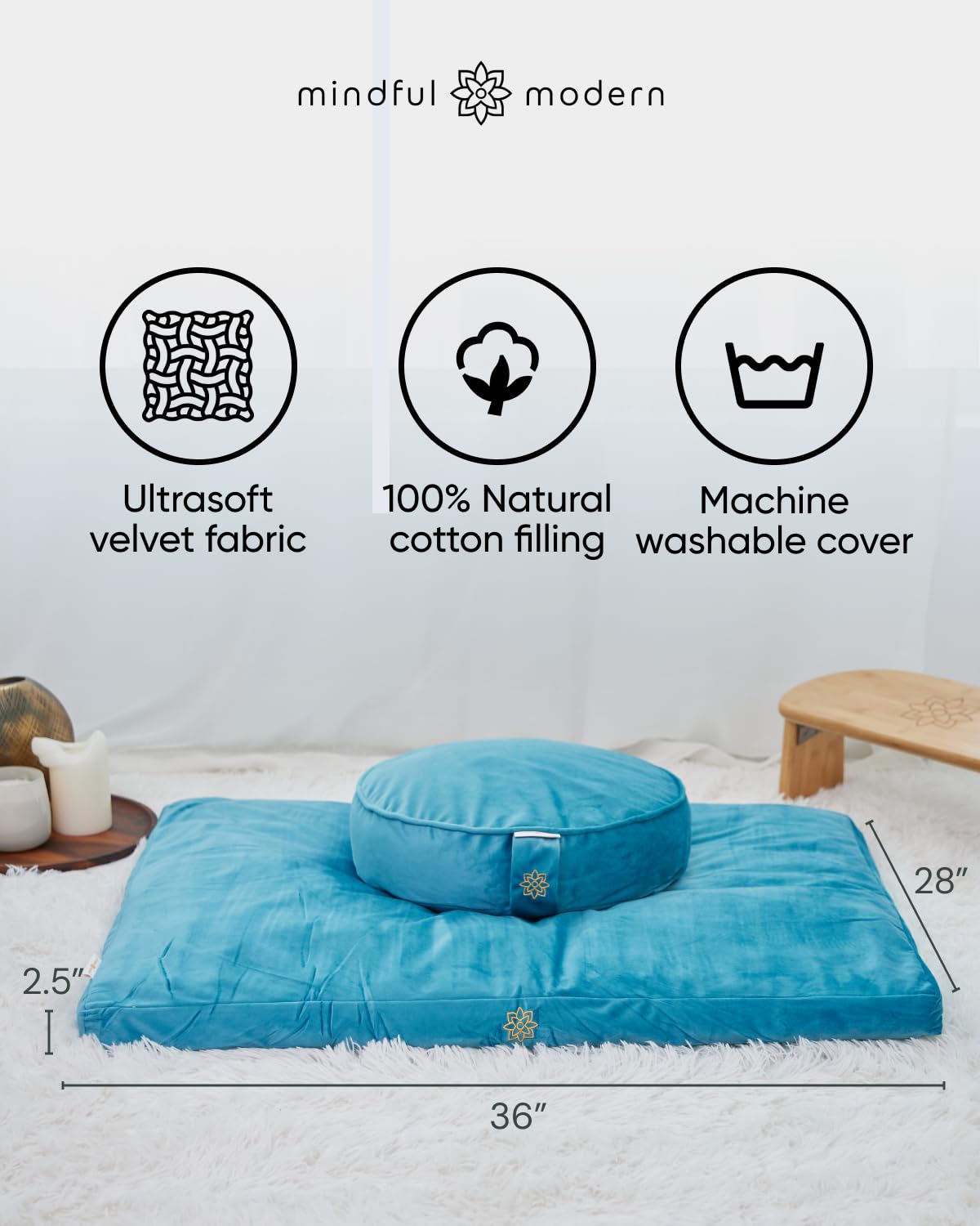Mindful Modern Velvet Zabuton Meditation Mat - Luxurious Meditation Cushion Pillow with 100% Cotton Filling - Enjoy Better Posture and Greater Comfort for Zafu or Bench (Tropical Turquoise)