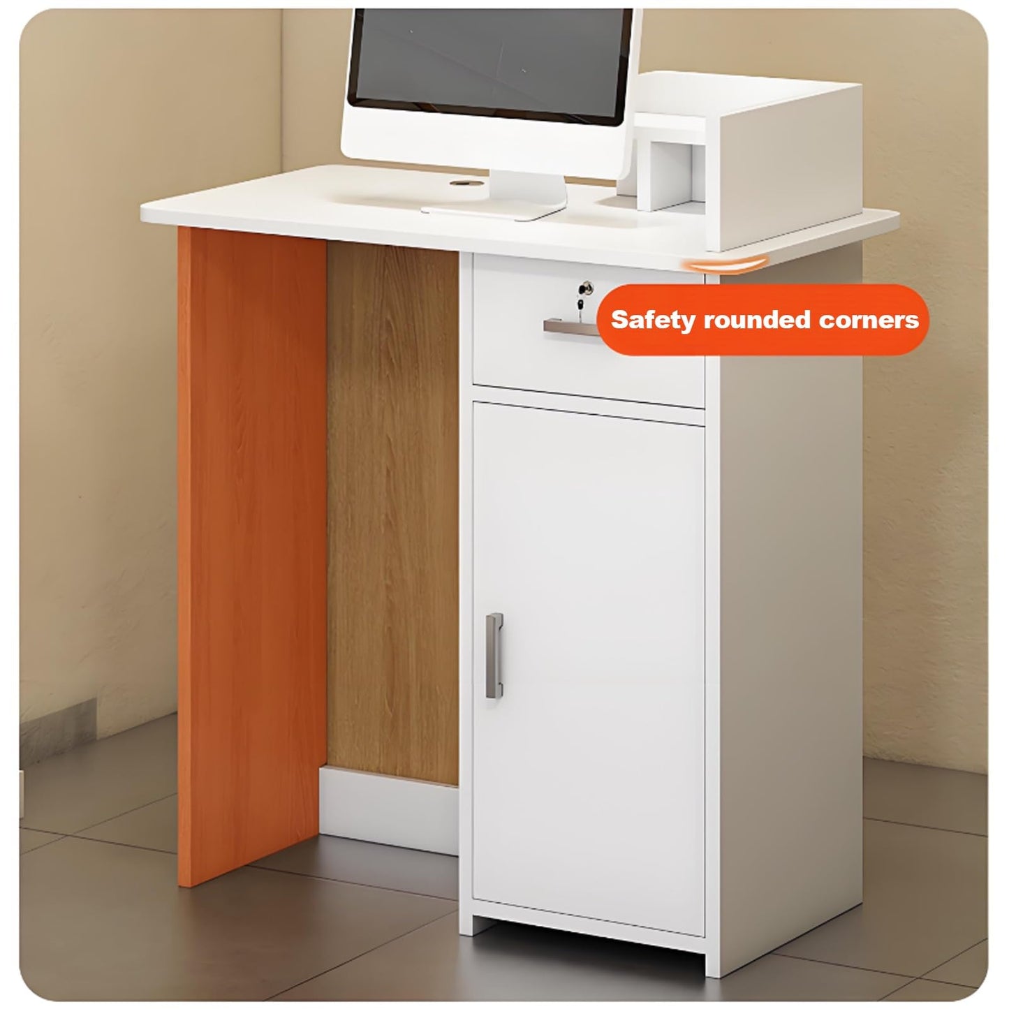 Modern LED Reception Desk for Salon & Office - Stylish Apricot Front Counter, 100cm/39.3in Lobby Furniture, Contemporary Design for Shops & Waiting Areas