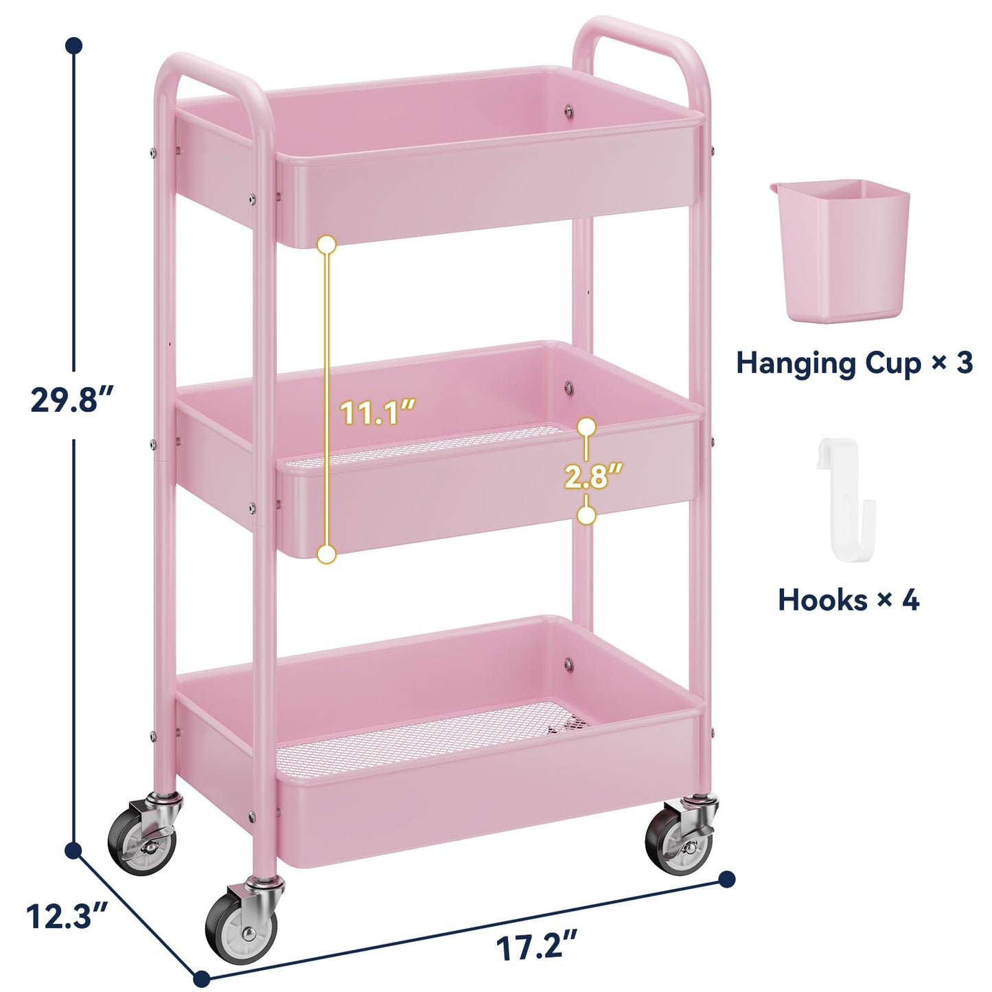 YASONIC 3-Tier Metal Rolling Cart, Heavy Duty Utility Cart with Lockable Wheels, Hanging Cups, Hooks, Mesh Rolling Storage Cart Craft Organizer, Lightweight and Sturdy, Pink