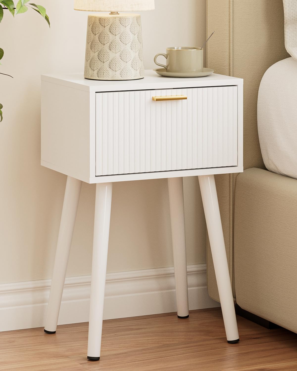 ASACESCU Night Stand, White Nightstand with Fluted Door, Small Modern Mid-Century Bedside Table for Bedroom, End Table for Living Room