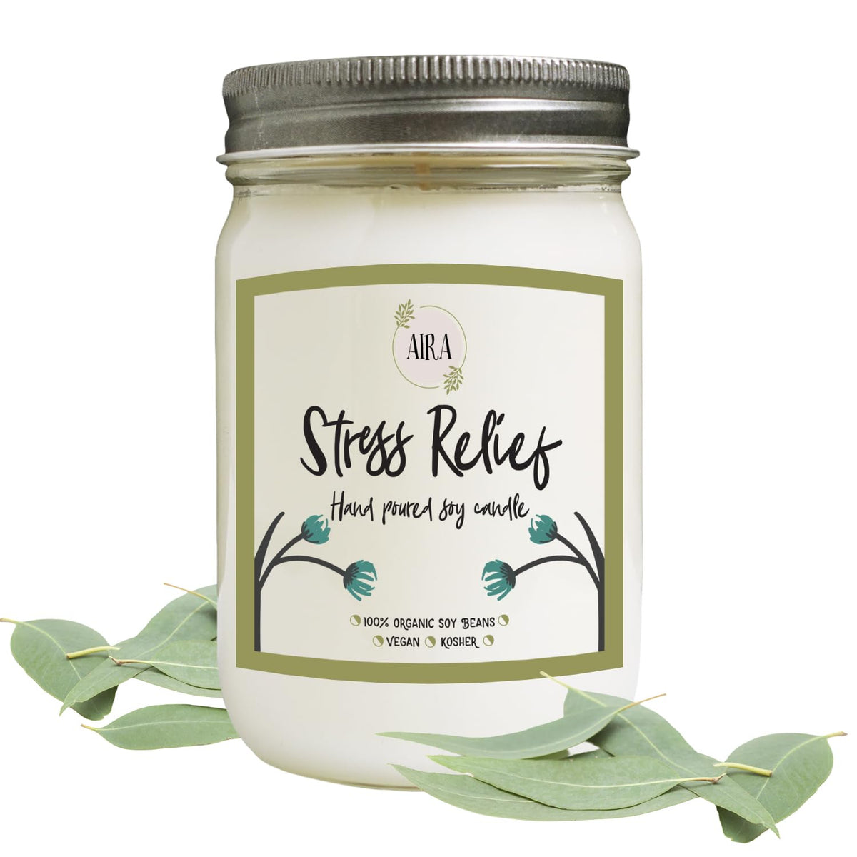 Aira Soy Candles - Organic, Kosher, Vegan, in Mason Jar w/Therapeutic Grade Essential Oil Blends - Hand-Poured 100% Soy Candle Wax - Paraffin Free, Burns 110+ Hours -Relaxing Stress Relief -16 Ounces
