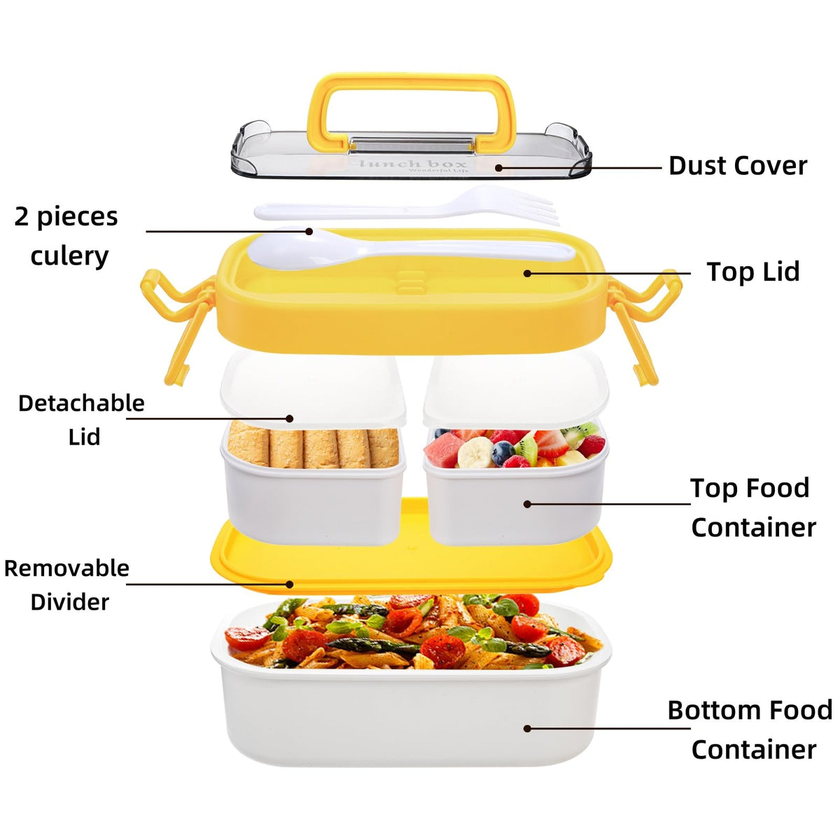 Covzoe 3 Pack Stackable Bento Box, Leakproof Adults Lunch Box with Spoon Fork, Portable 3 Compartments Food Storage Snack Containers with Handle for Dinner out Work Picnic, Microwave Safe
