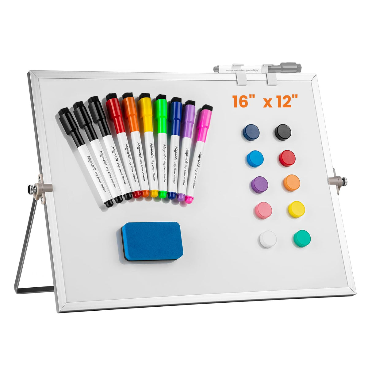 Dry Erase White Board, Aisuoker 16 x 12inch Magnetic Desktop Whiteboard with Stand,10 Markers, 10 Magnets and 1 Eraser, Portable Double-Sided White Board for Kid Drawing Memo to Do and List Wall-White