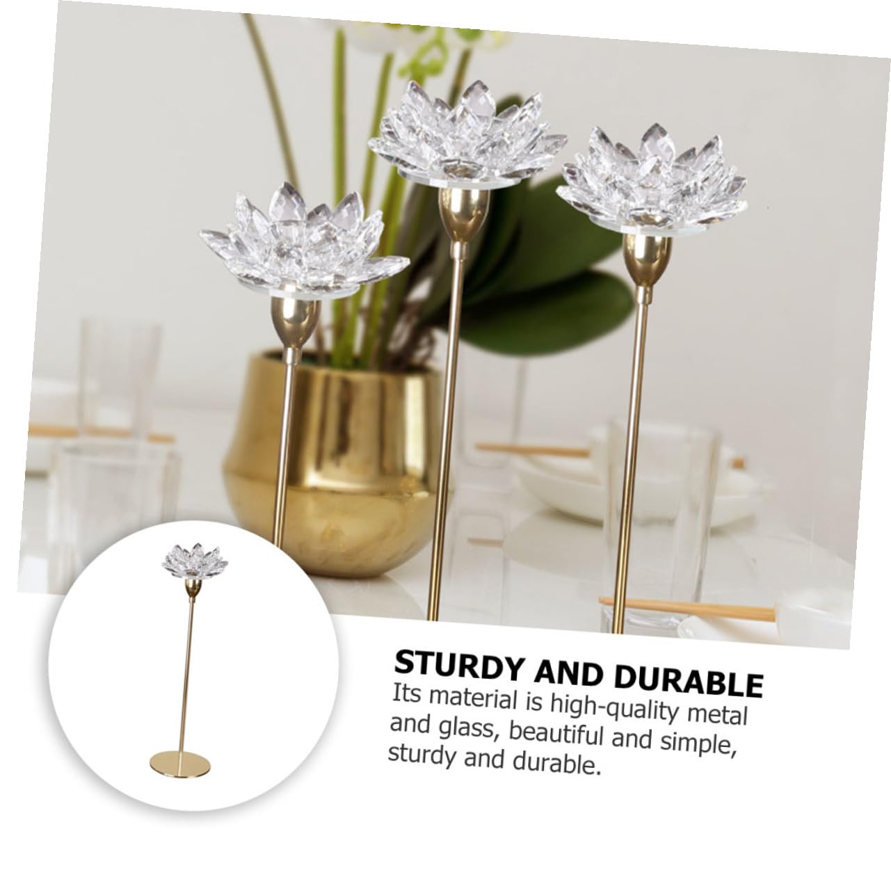 GETAJGHSD Crystal Lotus Candlestick Holder, Small Metal Candle Stand Gold Finish, Decorative Romantic Candleholder for Dining Room and Wedding Décor