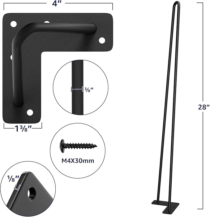SMARTSTANDARD Hairpin Table Legs 28 Inch, 3/8" Solid Metal Legs