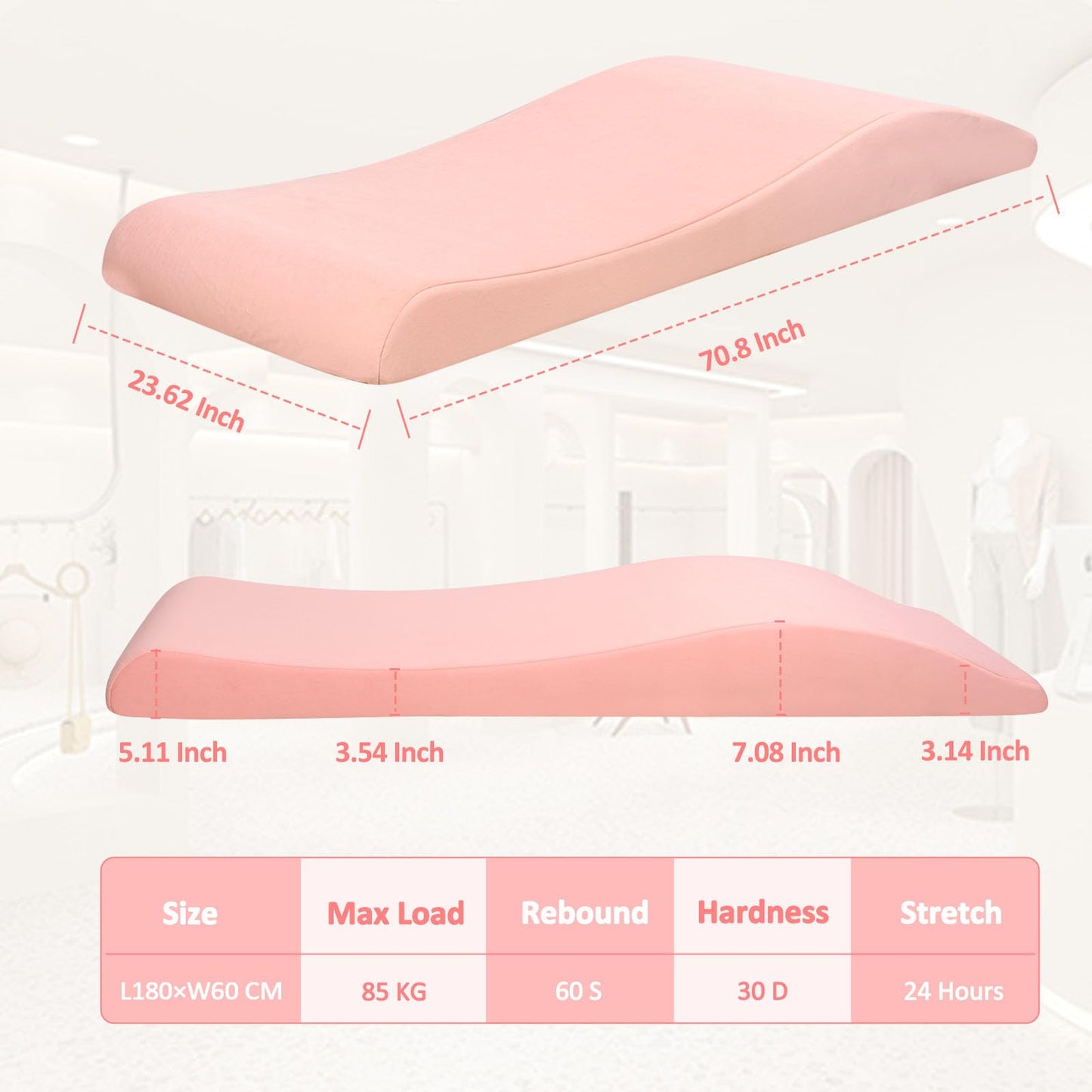 Lash Bed Topper for Massage Table, Ergonomic Curvy Esthetician Mattress Topper Crafted High Density Foam, Beauty Salon Massage Bed Pad with Removable & Washable Cover, Eyelash/Spa/Wax/Facial-Pink