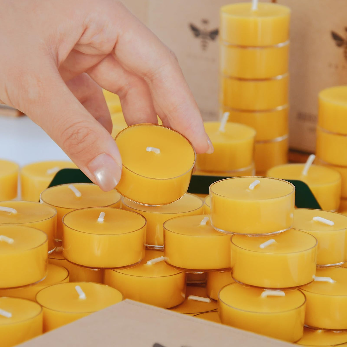 DEYBBY Natural Beeswax Tealight Candles 200 Pack, Unscented Small Beeswax Candles Bulk in Clear Cup, 4-5 Hours Burn Tea Light Candles for Home Decor Emergency Bath Relaxation (Yellow)