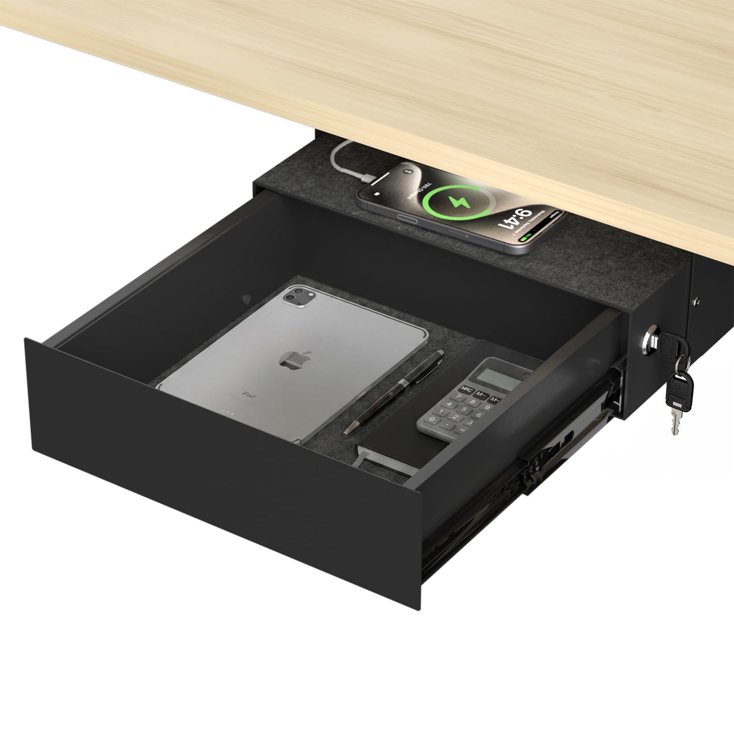 ERGO COLLECT Under Desk Lockable Drawer, Slide-Out Storage Organizer with Full Extension Ball-Bearing Slides, Carbon Steel Undermount Drawer for Home Office Standing Desk, Black, 13.8 Inch