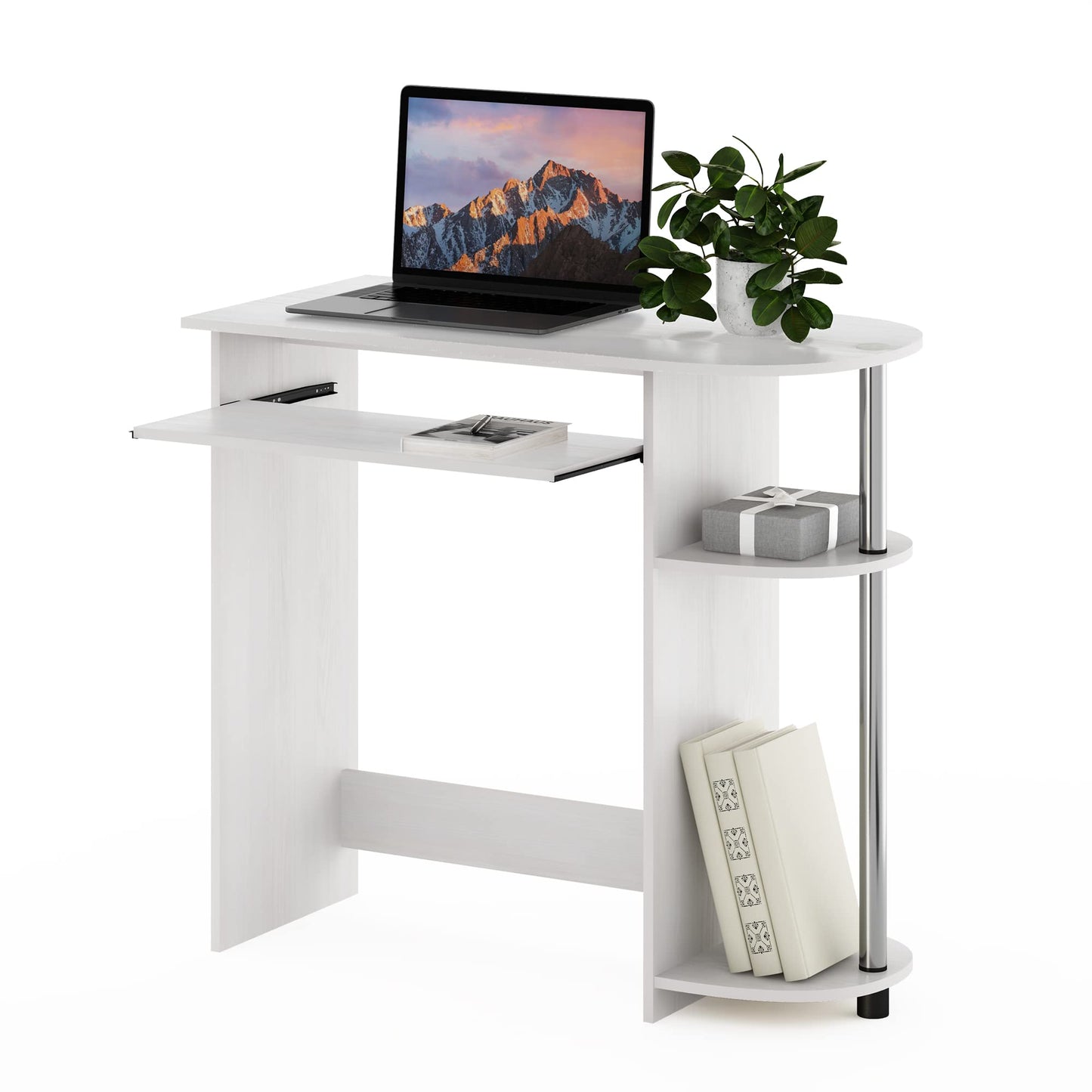 Furinno Simplistic Easy Assembly Computer Desk, with Keyboard Tray, White Oak/Stainless Steel