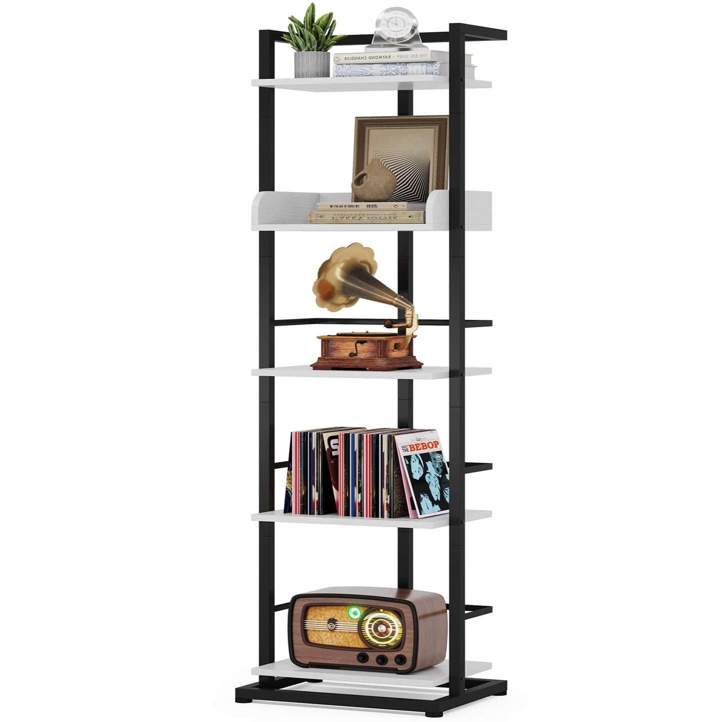 Hosfais Book Shelf Tall Bookshelf: 5 Tier Wood Bookcase with Metal Edge Protection Industrial Narrow Bookshelf Corner Storage Organizer Display Book Rack for Living Room Bedroom Office (Black White)