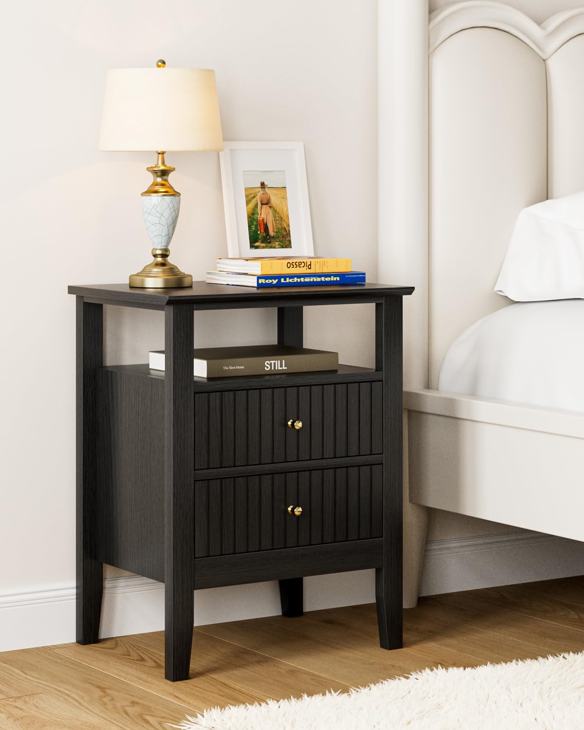 Apetaccat Fluted Nightstand, Farmhouse Night Stand with 2 Drawers, Mid Century Modern Side Accent Table,Bedside End Table for Bedroom, Living Room, Black