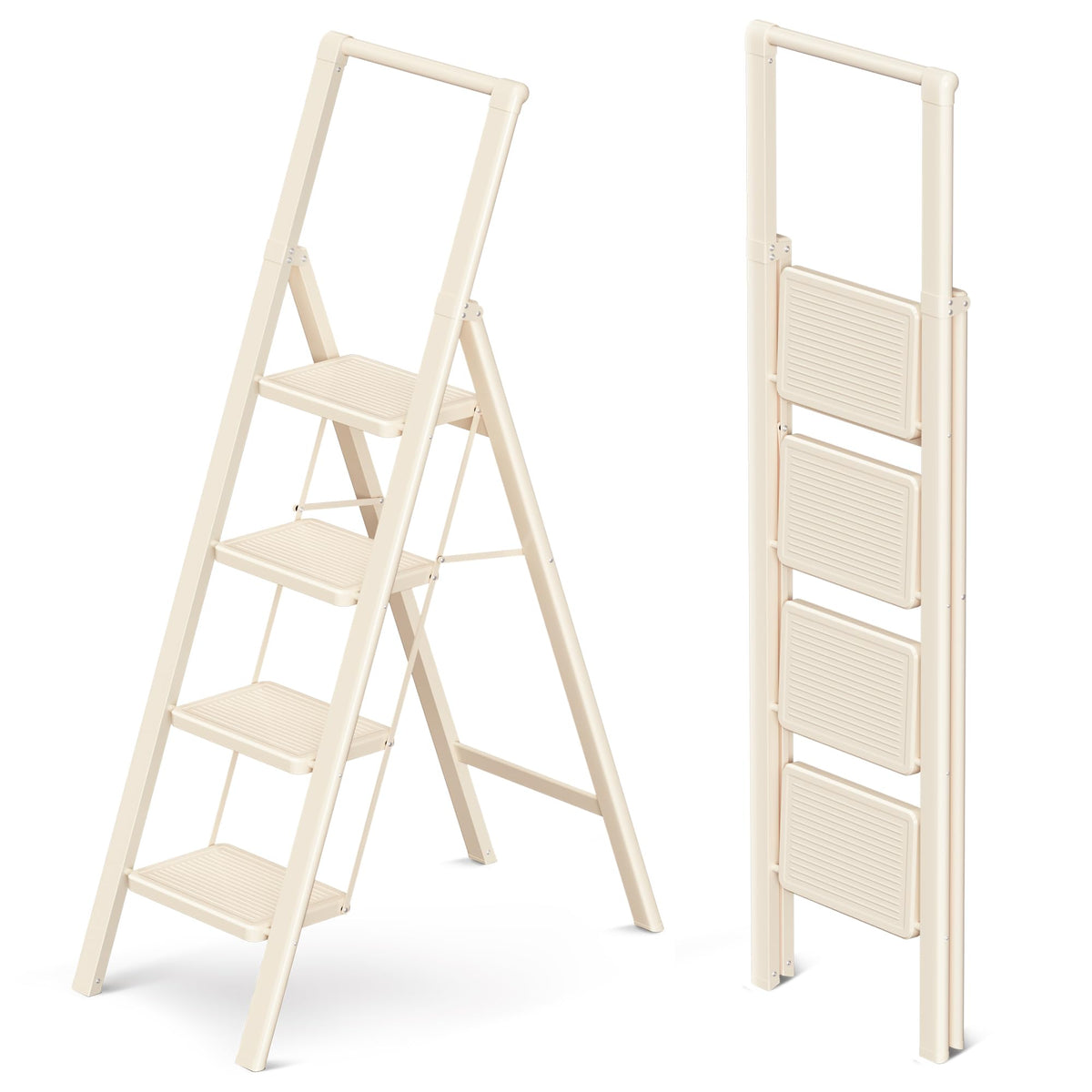 GameGem 4 Step Ladder Folding Step Stool, Foldable Ladder with Ergonomic Heightened Top Grip, Tall Step Ladder with Widened Anti-Slip Pedal for Closet, 330Lbs Load, Fold Thin and Tight, Cream White
