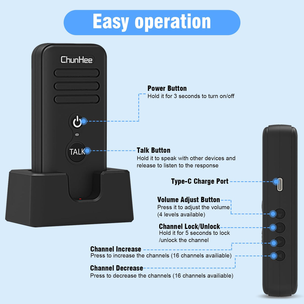 ChunHee Intercoms Wireless for Home, Upgraded Long Standby 16 Channels Caregiver Wireless Intercom System for Elderly 1640ft Portable Intercom Two Way Room to Room Communication Intercom for Home Use
