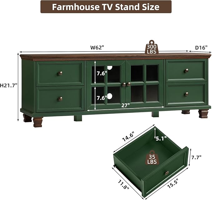 SAVOR LIFE Farmhouse TV Stand for Living Room, Rustic Green Entertainment Center