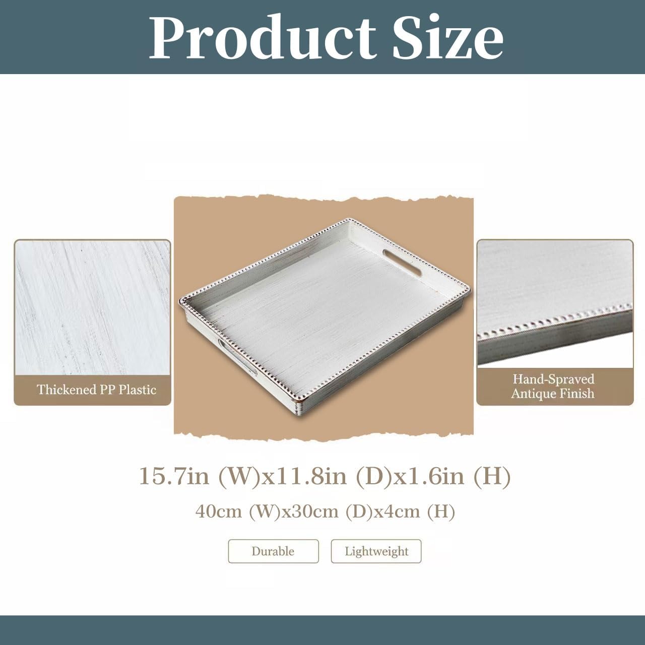 Zosenley Decorative Tray, Rectangular Plastic Tray with Handles, Modern Vanity Tray and Serving Tray for Bathroom, Kitchen, Ottoman and Coffee Table, 15.6” x 10.2” (Retro White)