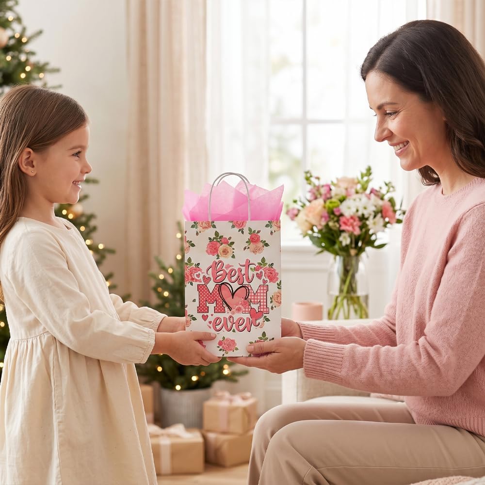 CMSSHUAI 20 Pcs Mother's Day Bags with Tissue Paper，Medium Small Mothers Day Bags with Handles Floral Mothers Paper Bags Treat Bags Candy Bags Bulk for Mom Grandma Wife Women