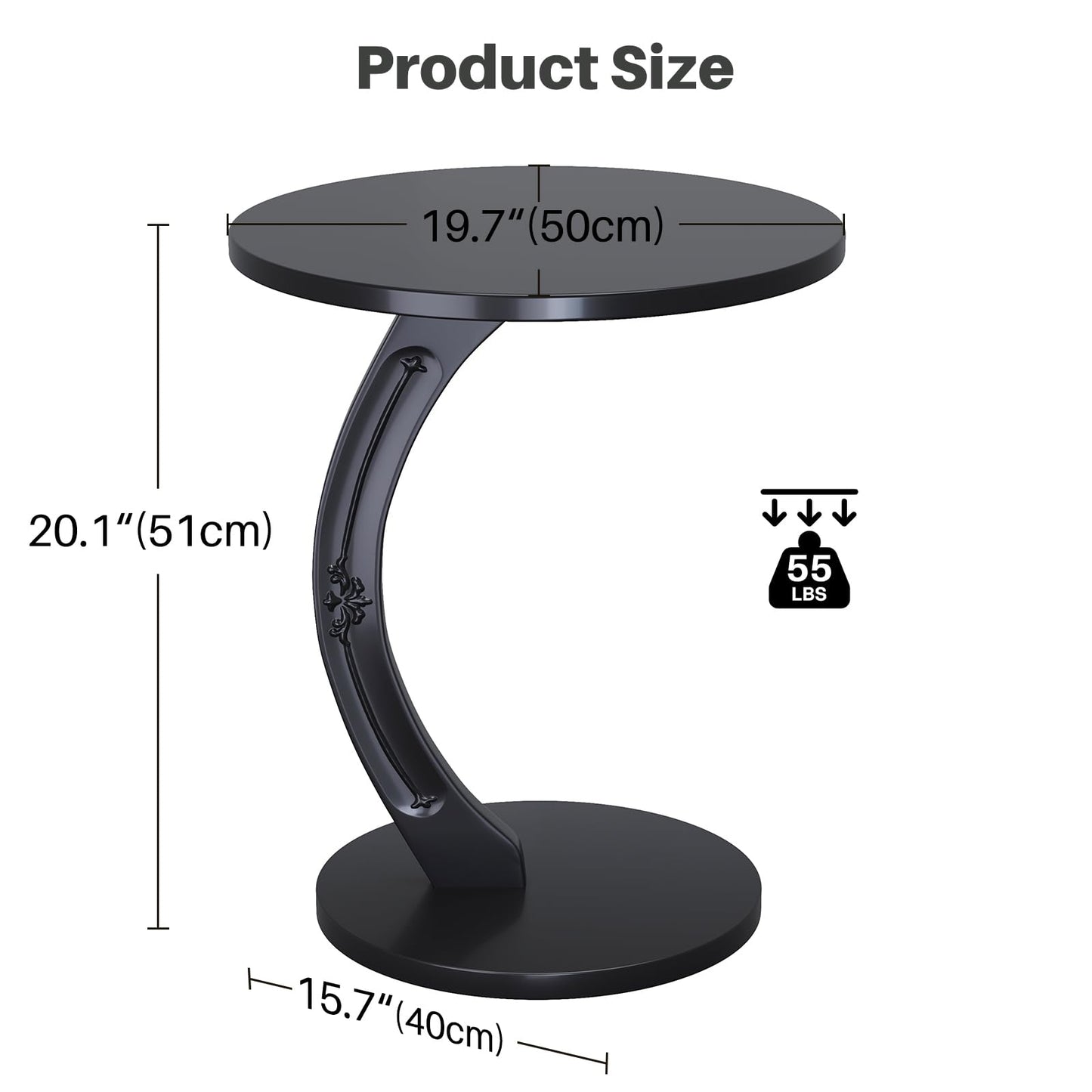 PlushVibes Round C-Shaped End Table - Small C Shaped Side Table for Couch/Sofa, Solid Wood Couch Tables that Slide Under Beside, Space Saving Tables Tray for Living Room, Bedroom, Small Space (Black)