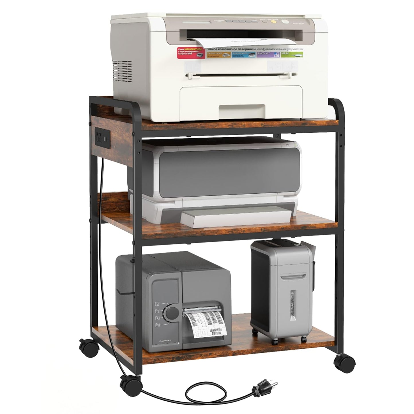 Livofloral 3 Tier Large Printer Stand with Wheels, 25.2 x 18.9 Inch Printer Stand with Power Outlet USB Port, Printer Table with Adjustable Storage Shelf for Home Office, Rustic Brown