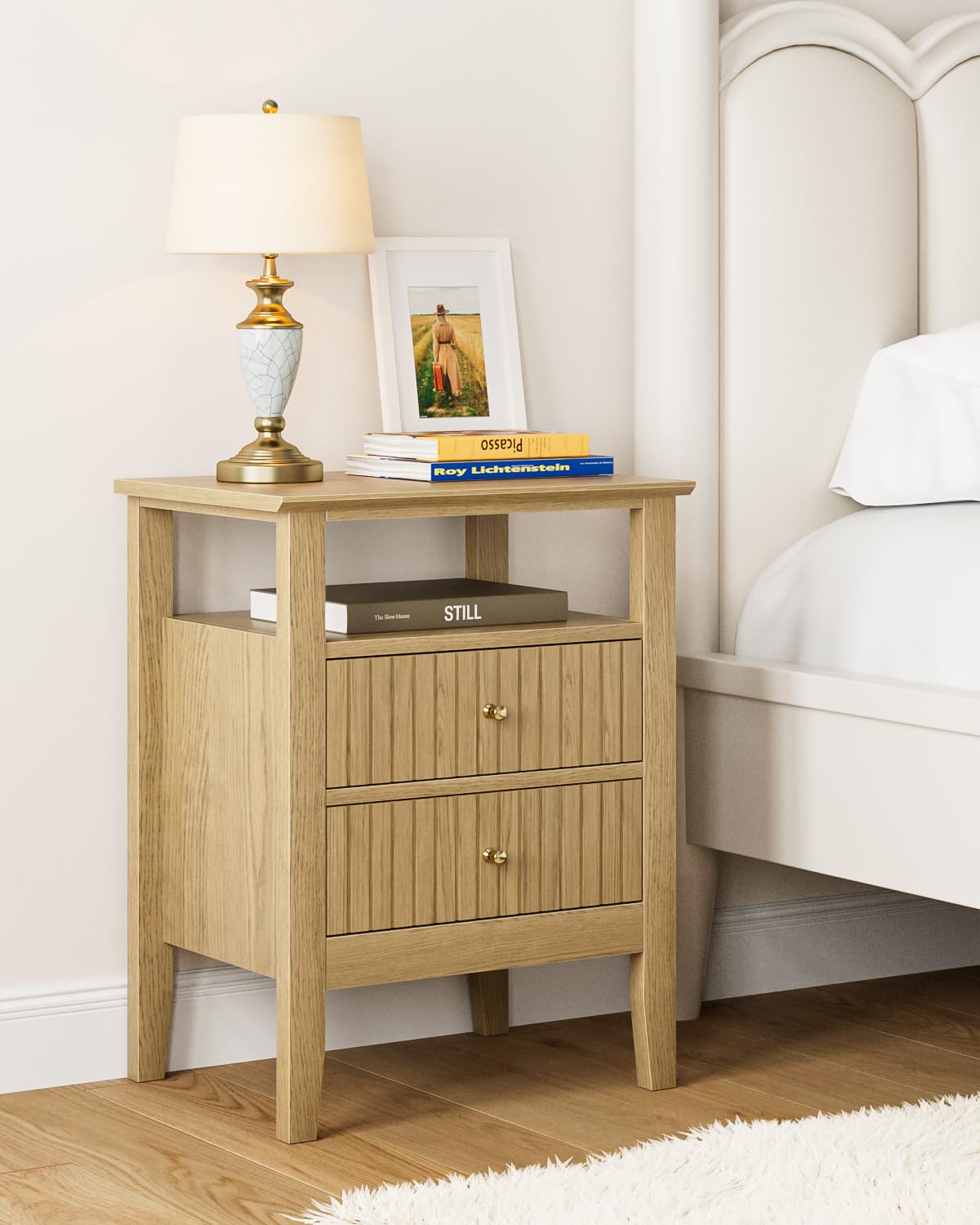 Apetaccat Fluted Nightstand, Farmhouse Night Stand with 2 Drawers, Mid Century Modern Side Accent Table,Bedside End Table for Bedroom, Living Room, Yellow Oak