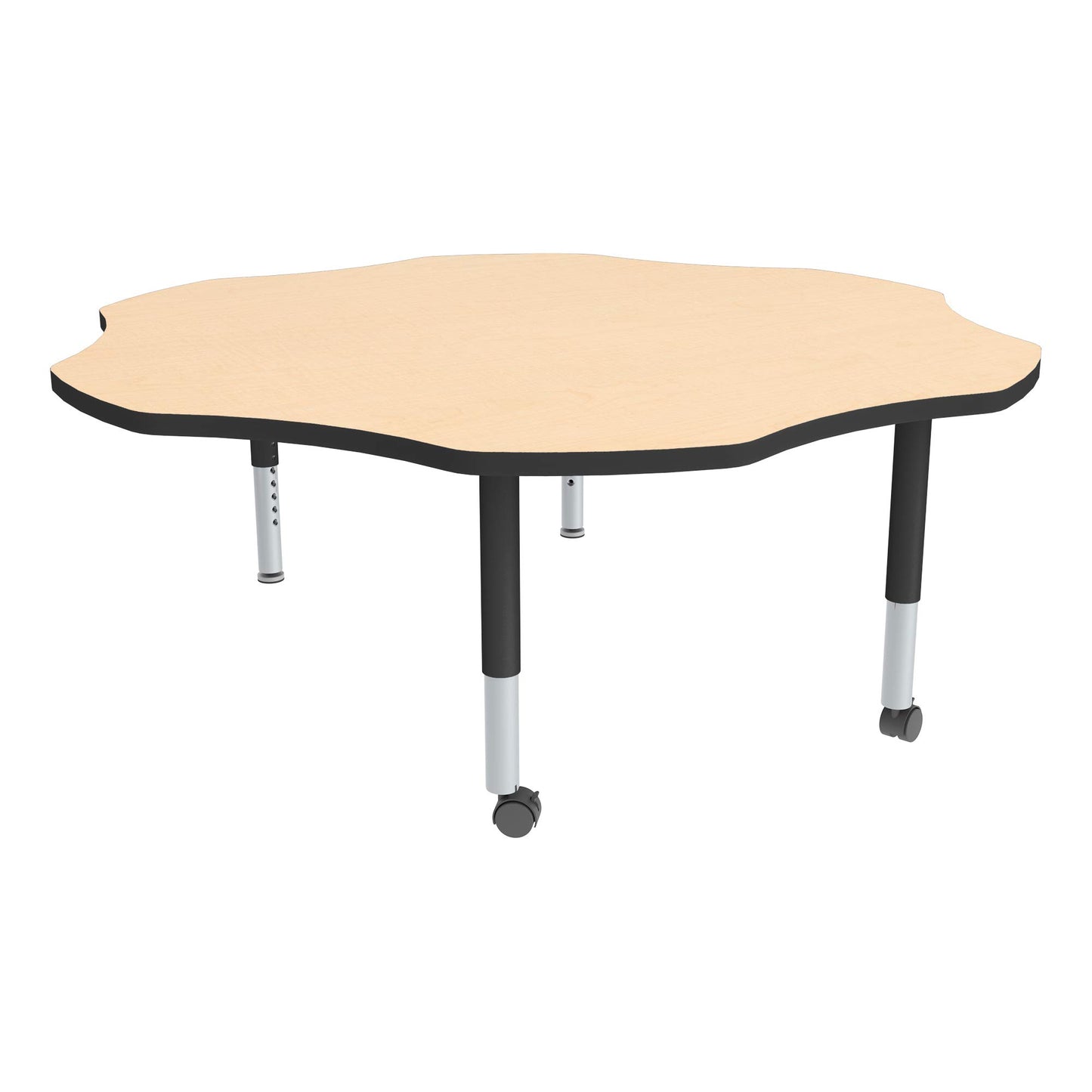 Sprogs Adjustable Height Mobile Classroom Activity Table for Preschools, Flower Preschool Activity Table with Casters, 60" L x 60" W x 23" H, Maple/Black