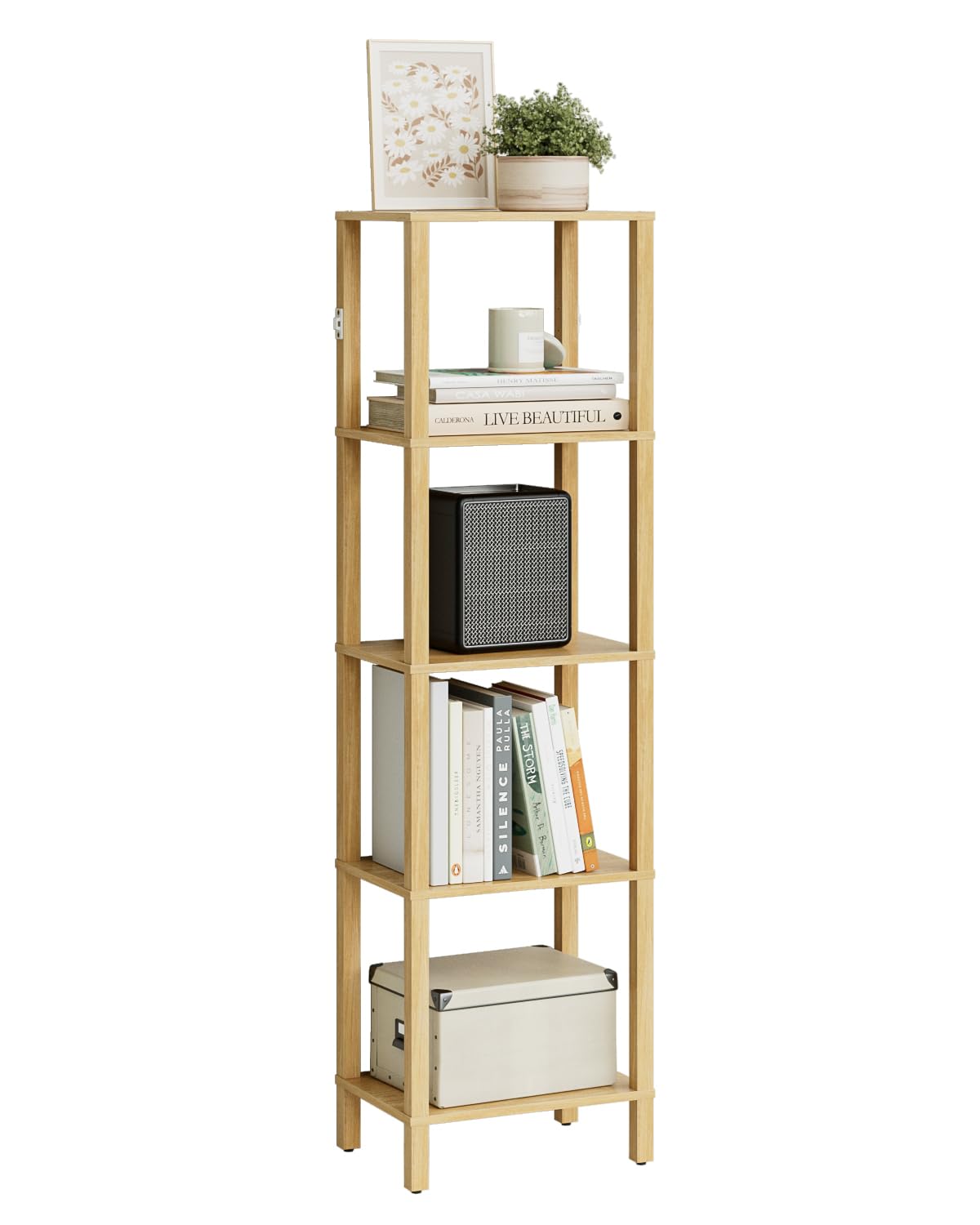 Apetaccat Open Book Shelf, 5 Tier Tall Bookshelf, Freestanding Shelf Narrow Bookcase with Open Shelves, 14.96" x 10.63" x 53.54", Book Shelves for Living Room, Office, Study, Oak