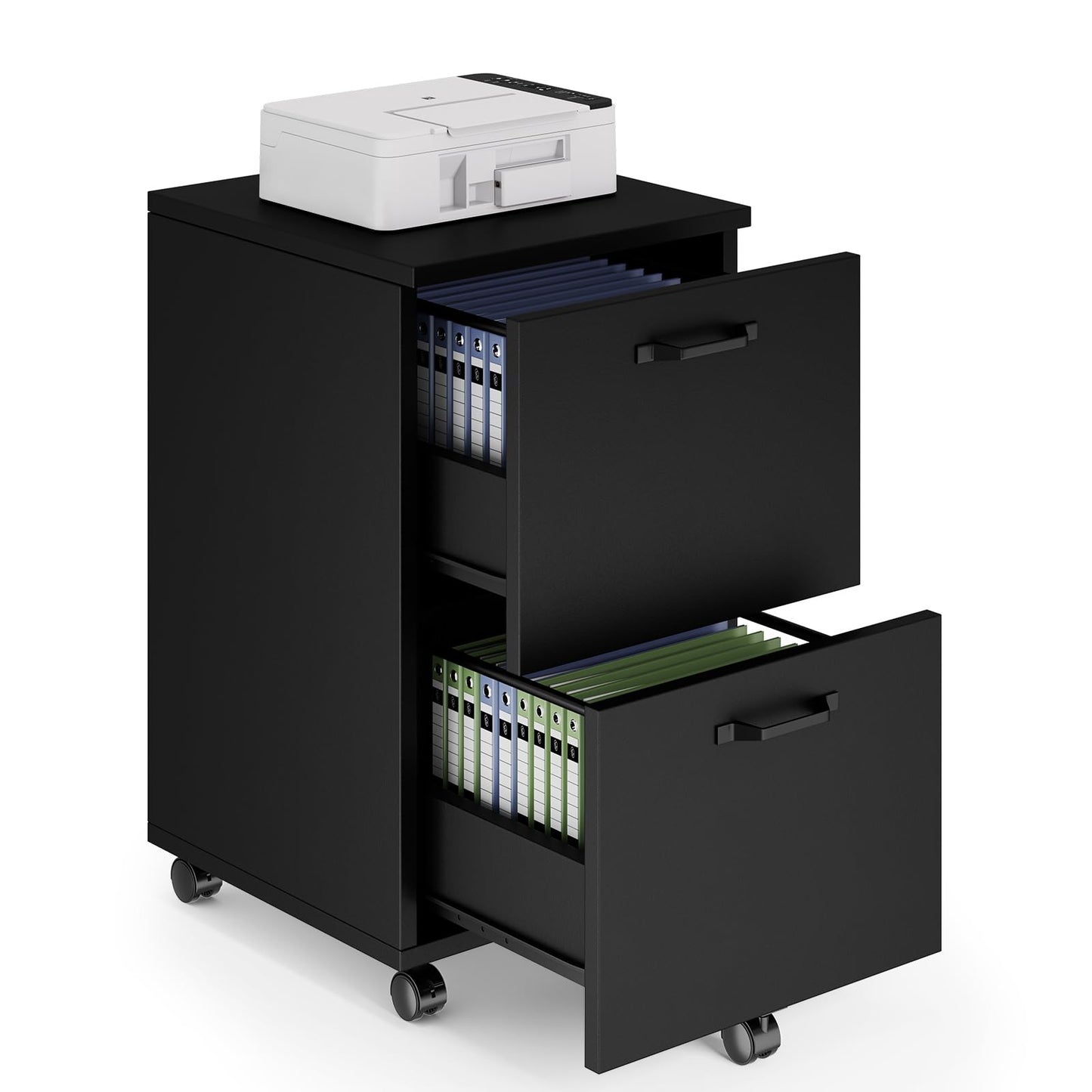 Sweetcrispy 2 Drawer Filing Cabinet Black, Rolling Wood File Cabinets, Home Office Organizer, Under Desk Storage Lockable Wheels, Printer Stand, Storage Cabinet, Black