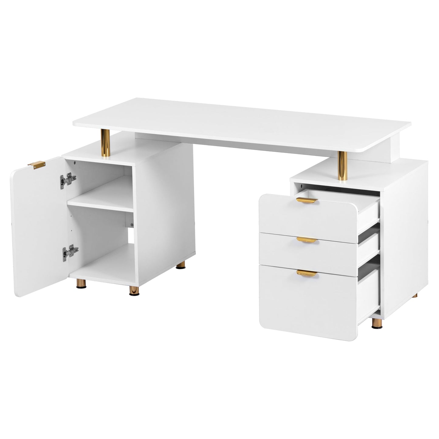 Elegant 57" W Executive Desk with 3 Drawers and Storage Cabinet, Modern Office Desk with Gold Accents, Floating Work Surface, Closed Storage with Ventilation & Adjustable Shelf (White,Gold)