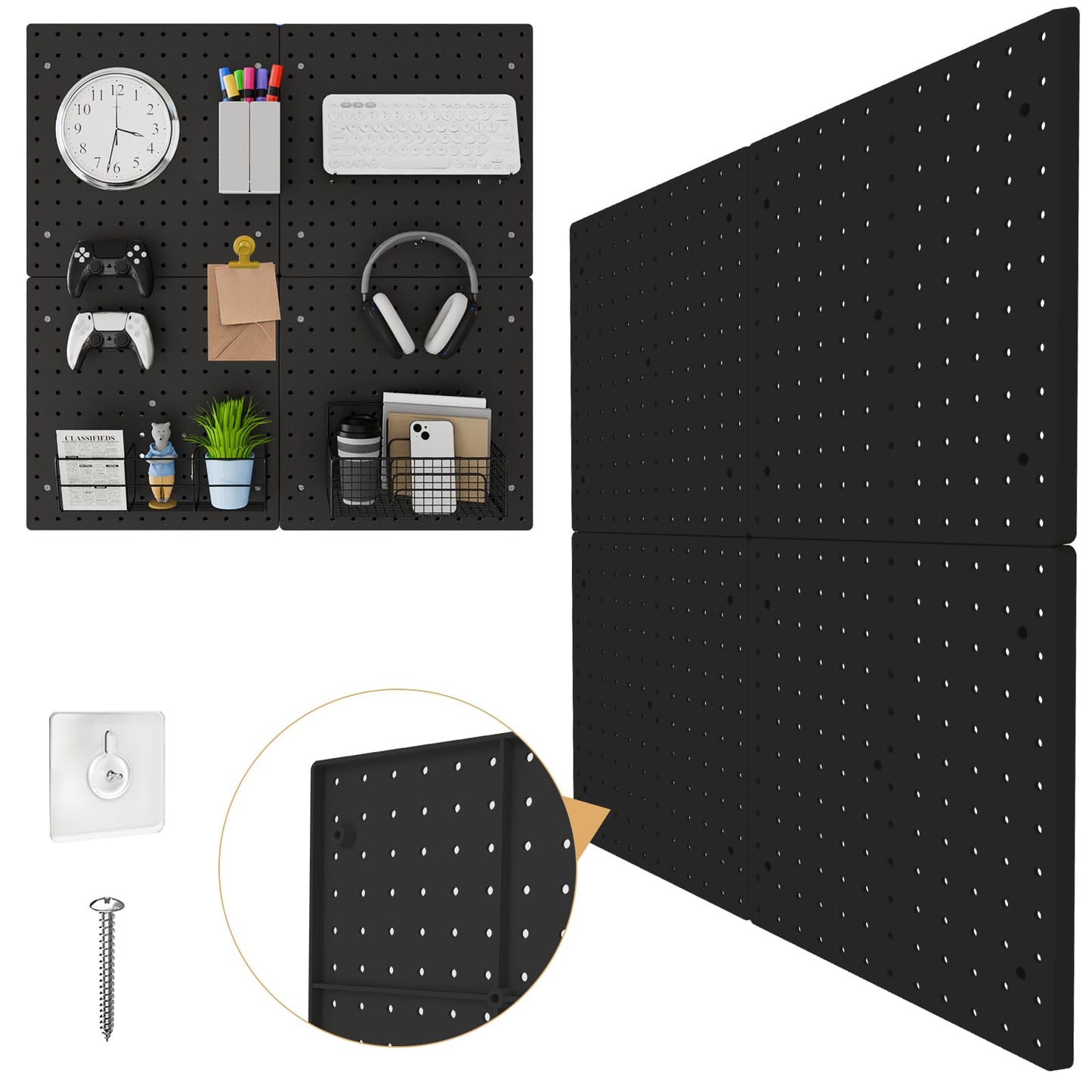 FZK PegBoard, 4 Pack Peg Board 12 * 12inch, Pegboard Wall Organizer, ABS Peg Board for Walls, Black Plastic pegboard, Suitable for Office, Craft Room, Kitchen and Ornament Display
