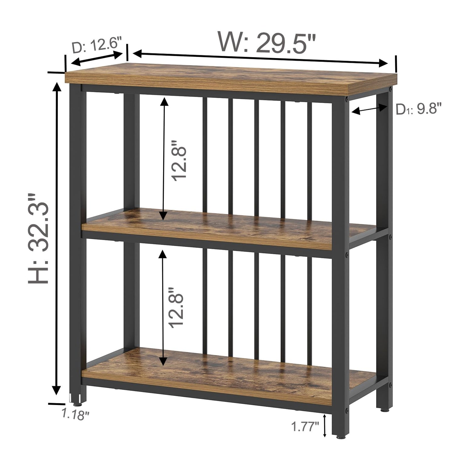 FOLUBAN 3 Tier Bookshelf, Industrial Wood and Metal Bookcase, Small Book Shelf for Home Office Bedroom Living Room, Rustic Brown