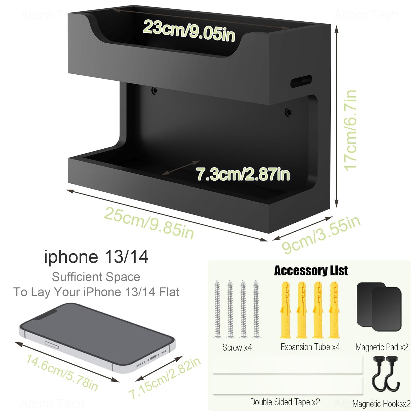 NiHome Wall Mounted Wooden Bedside Accessories Organizer, Double Tray Bedside Storage Shelf Rack with Magnetic Hooks, Bedroom Dorm RV Wall Caddy Holder for Phone Glasses Alarm Clock Remote (Black)