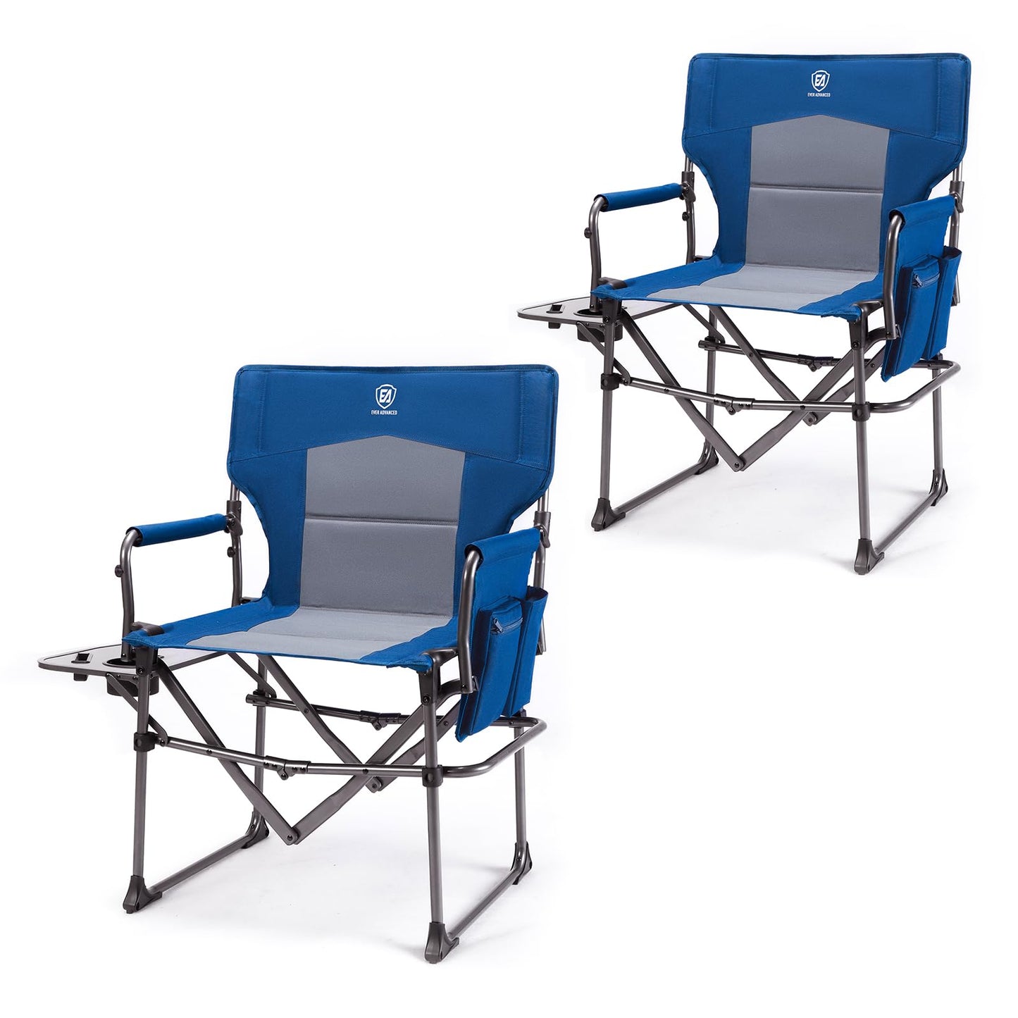 EVER ADVANCED Camping Directors' Chair with Side Table, Portable Folding Chair with Compact Size, Heavy Duty Lawn Chair with Pocket for Camping, Lawn, Sports and Fishing, 400lbs, Blue 2 Pack