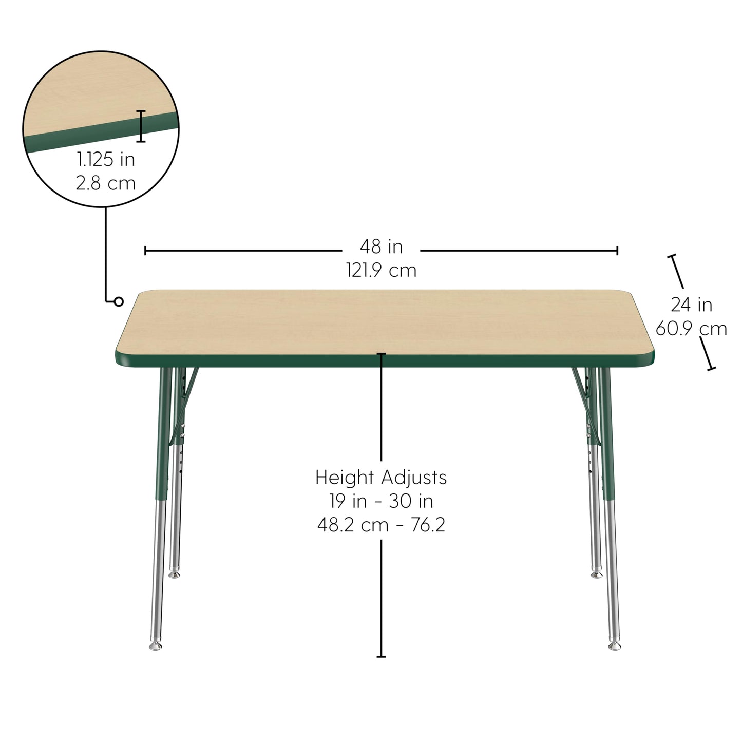 FDP Rectangle Activity School and Office Table (24 x 48 inch), Standard Legs with Swivel Glides, Adjustable Height 19-30 inches - Maple Top and Green Edge