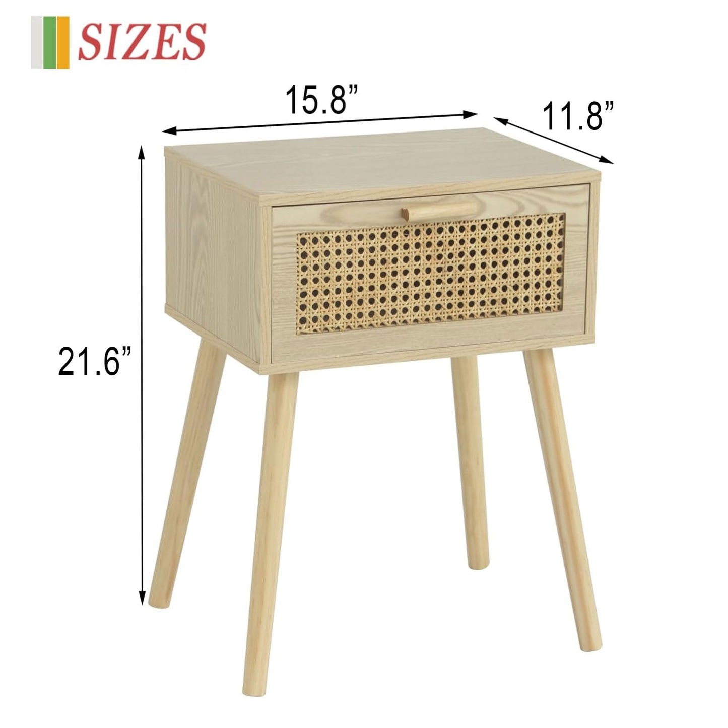 AWASEN Rattan Nightstand, Bedside Table with Rattan Drawer, Wood End Table with Storage and Solid Wood Legs for Bedroom Living Room Small Space (Walnut)